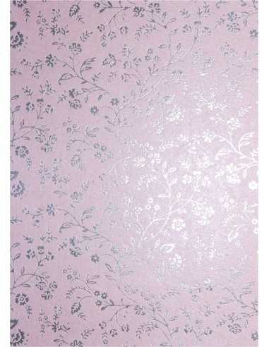 Carta decorativa metallizzata rosa scuro con fiori argento (18x25cm) - 5 fogli