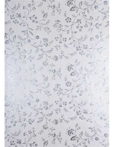 Carta decorativa metallizzata bianco con fiori argento (56x76cm)