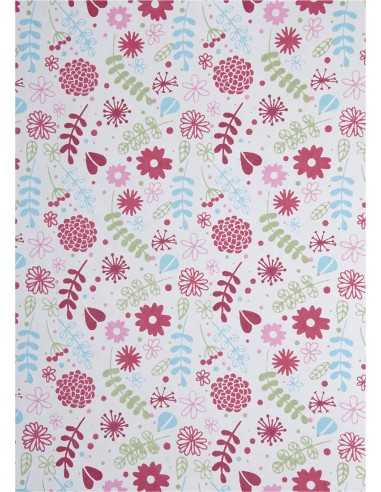 Carta decorativa con motivo fiori / foglie azzurro - rosa (56x76cm)