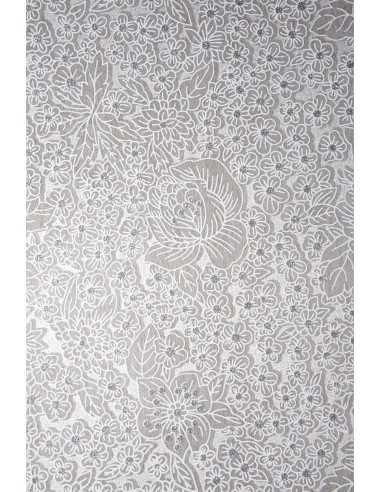 Carta decorativa fliselina bianco con fiori glitter argento (58x90cm)