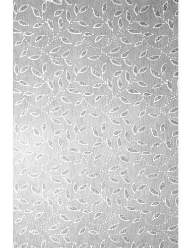 Carta decorativa fliselina bianco con foglie glitterate argento (58x90cm)